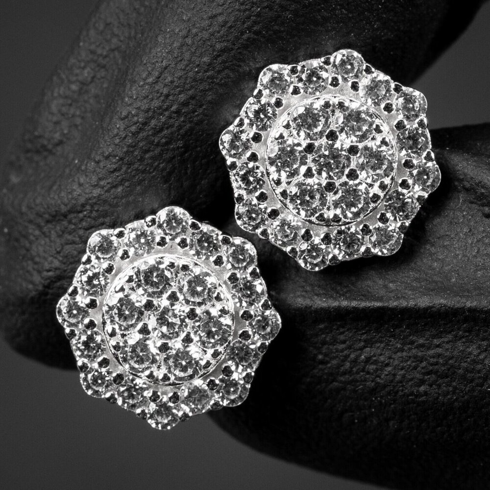 Men's Hip Hop Octagon White Gold 925 Sterling Silver Cz Cluster Stud Earrings